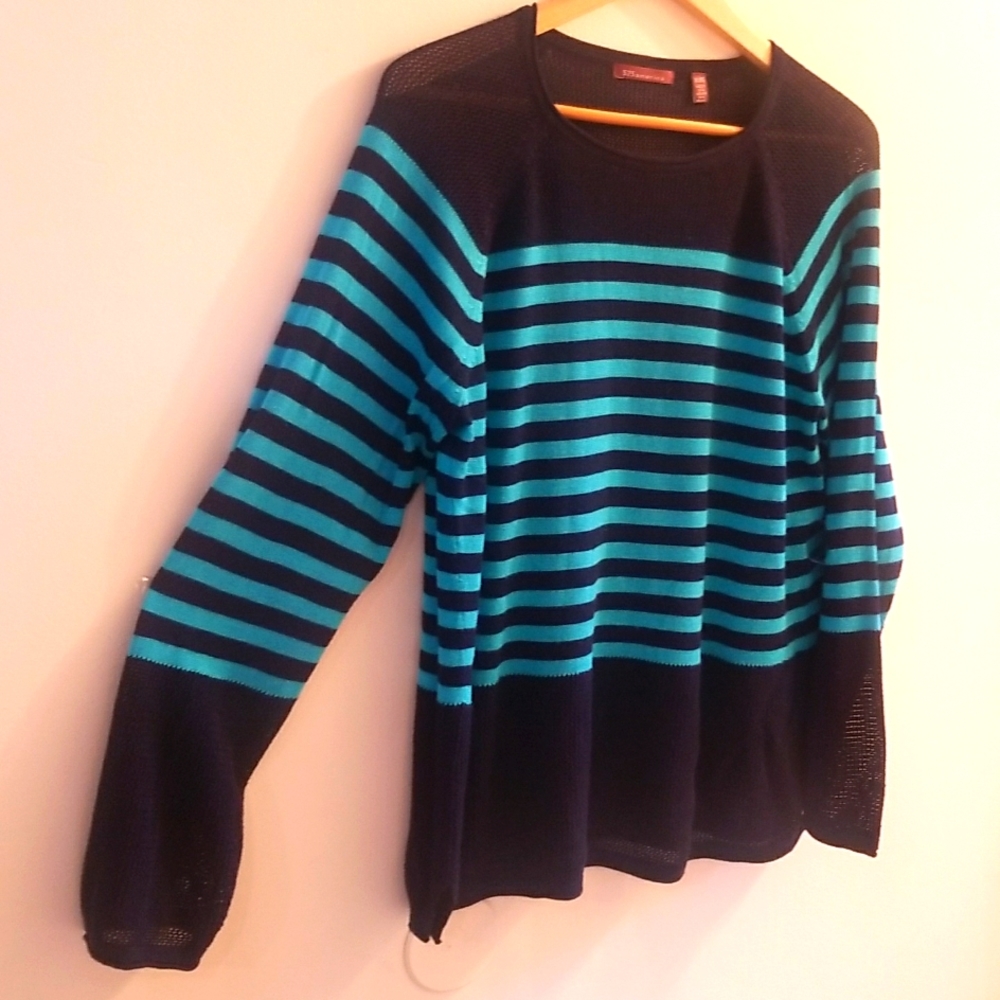 525 America Teal and navy striped shirt with net accent on top and bottom